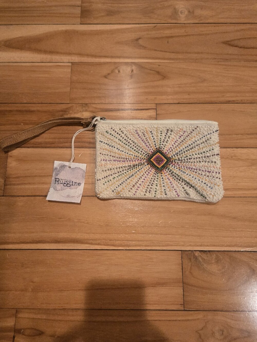 Ruggine Beaded Cream Wristlet Clutch with Sunburst Detail